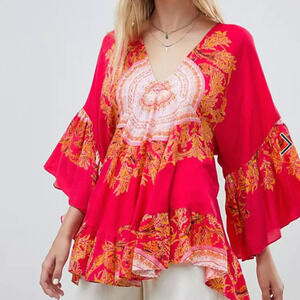 Free People Sunset Dreams printed flare sleeve blouse sz M